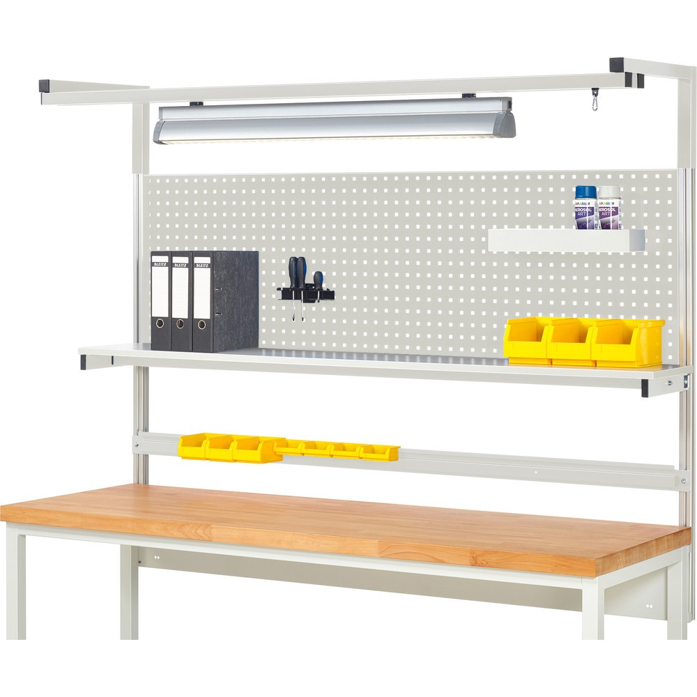 Nadstavba systému RAU, v × š × h 1 380 × 2 000 × 350 mm, s 1 policovou doskou, 1 prídržnou lištou, 1 párom výložníkov a 1 svietidlom, kompletná súprava 04 pre výrobok šírky 2 000 mm