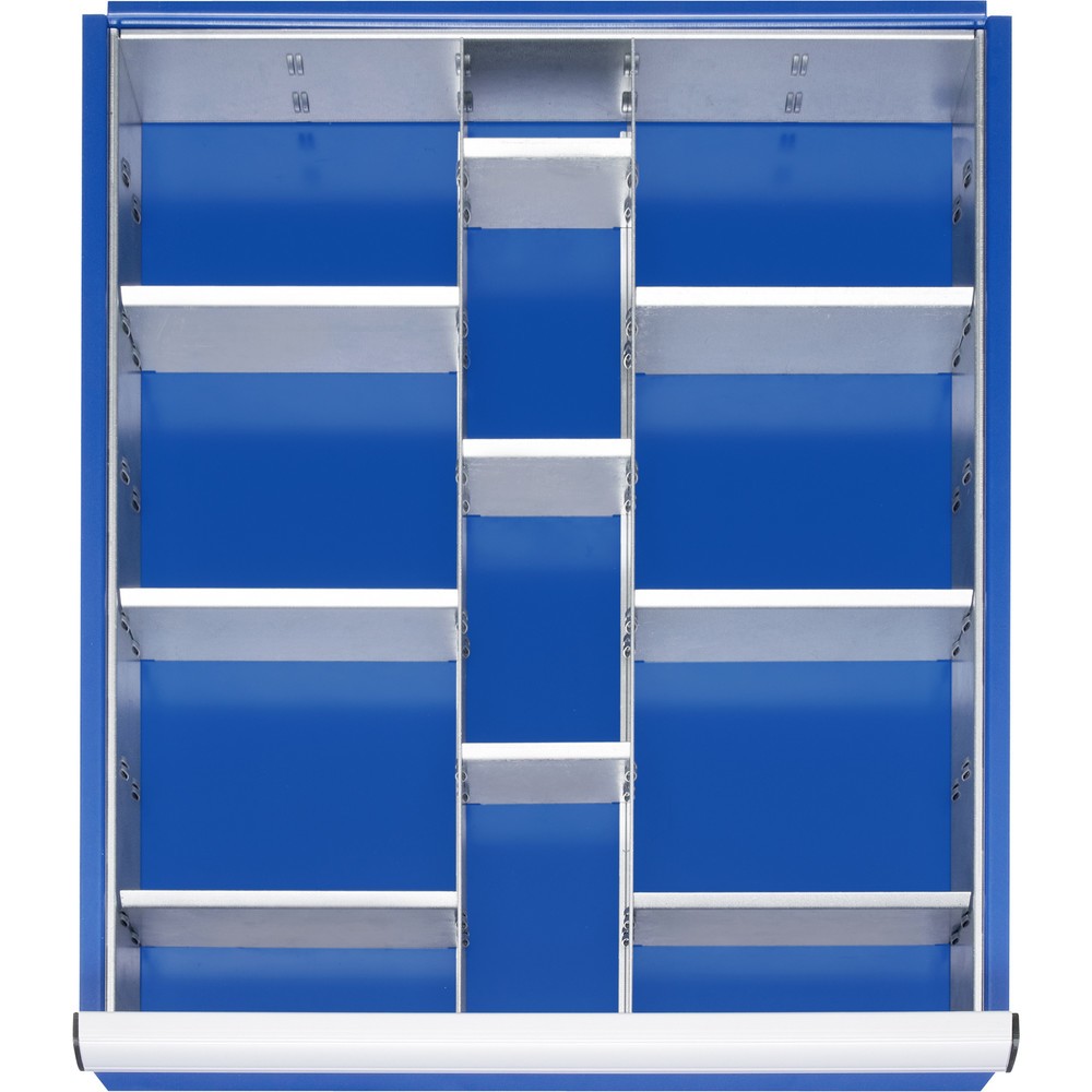 Obrázok výrobku: Organizér do zásuvky RAU, v × š × h 90 × 490 × 560 mm, so 4-dielnou súpravou deliacich líšt a 2 deliacimi priečkami, veľkosť L pre čelnú výšku 120 – 150 mm