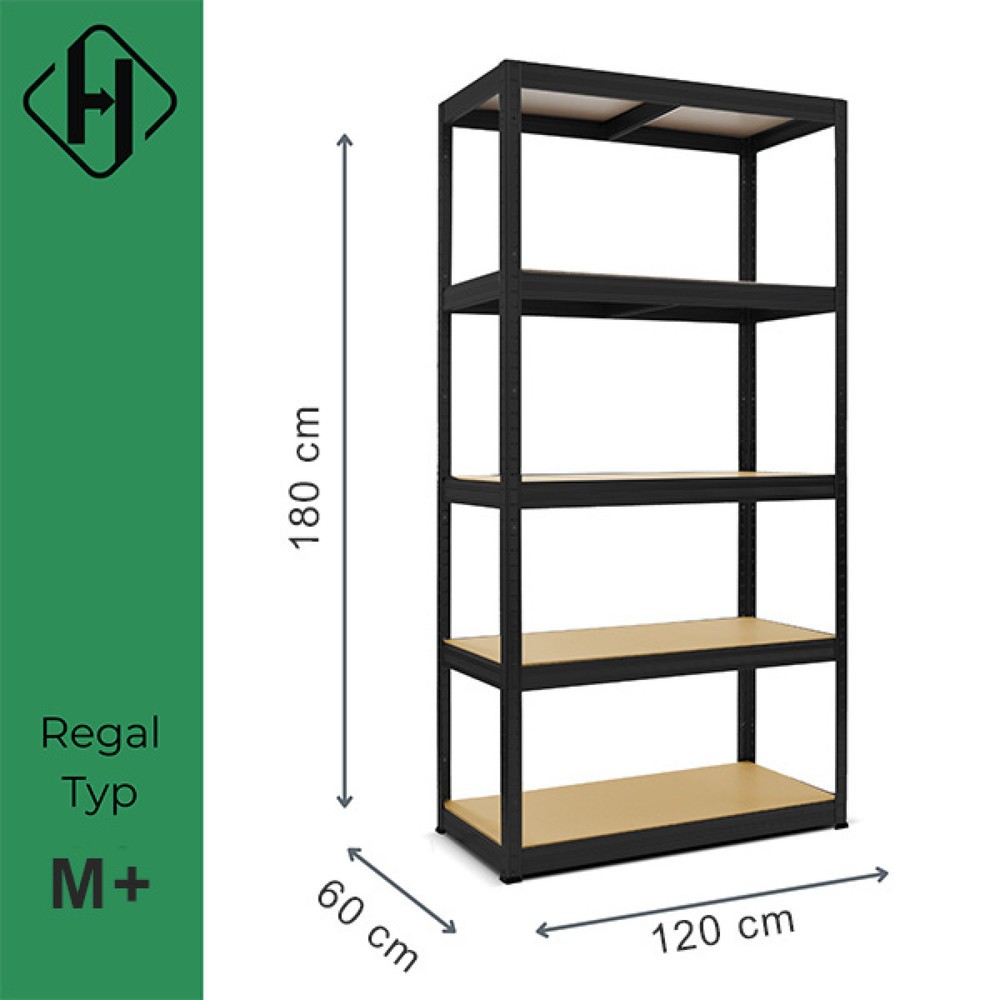 Číslo obrázka výrobku 2: Vysokozaťažený regál HEMMDAL, typ M+, čierny – 180 × 120 × 60 cm – do 750 kg