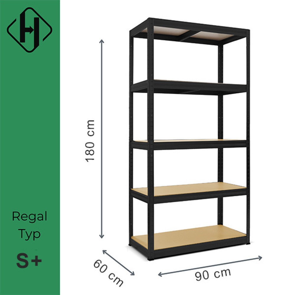 Číslo obrázka výrobku 2: Vysokozaťažený regál HEMMDAL, typ S+, čierny – 180 × 90 × 60 cm – do 750 kg